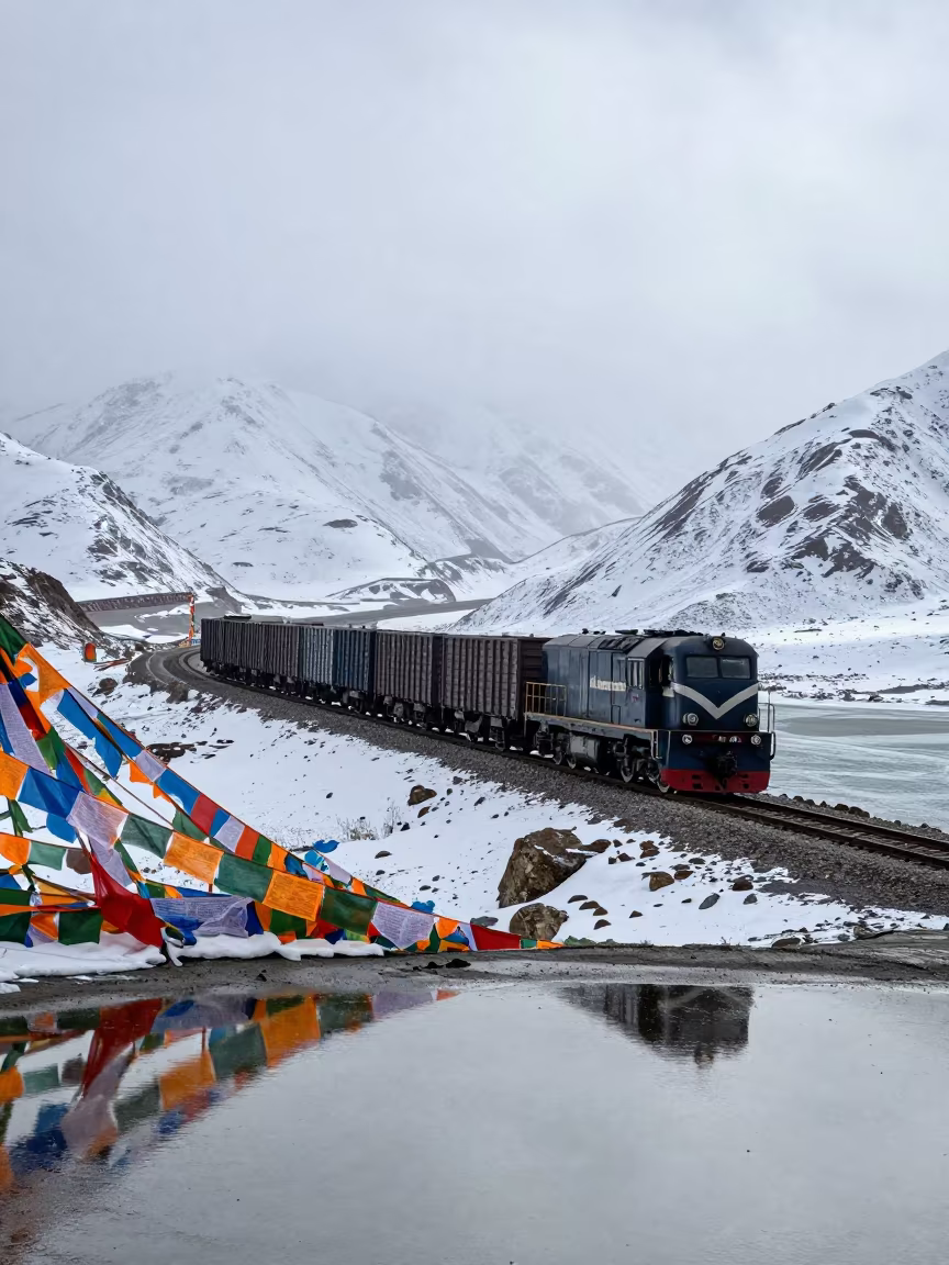 Freight Locomotive in Snowy Lhasa Pass in along a high mountain pass beneath prayer flags near Lhasa