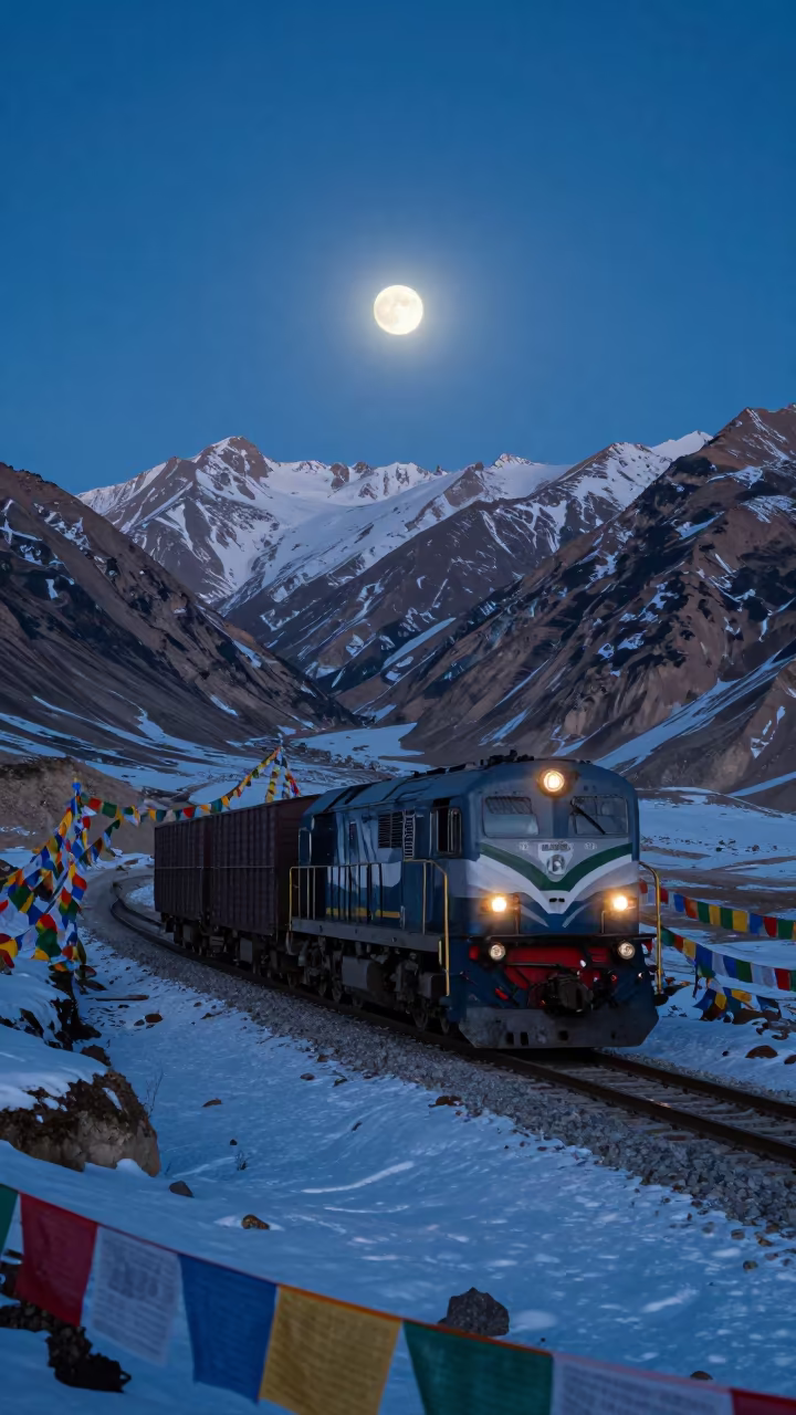 Freight Locomotive in Snowy Mountain Pass at Dawn in along a high mountain pass beneath prayer flags near Leh