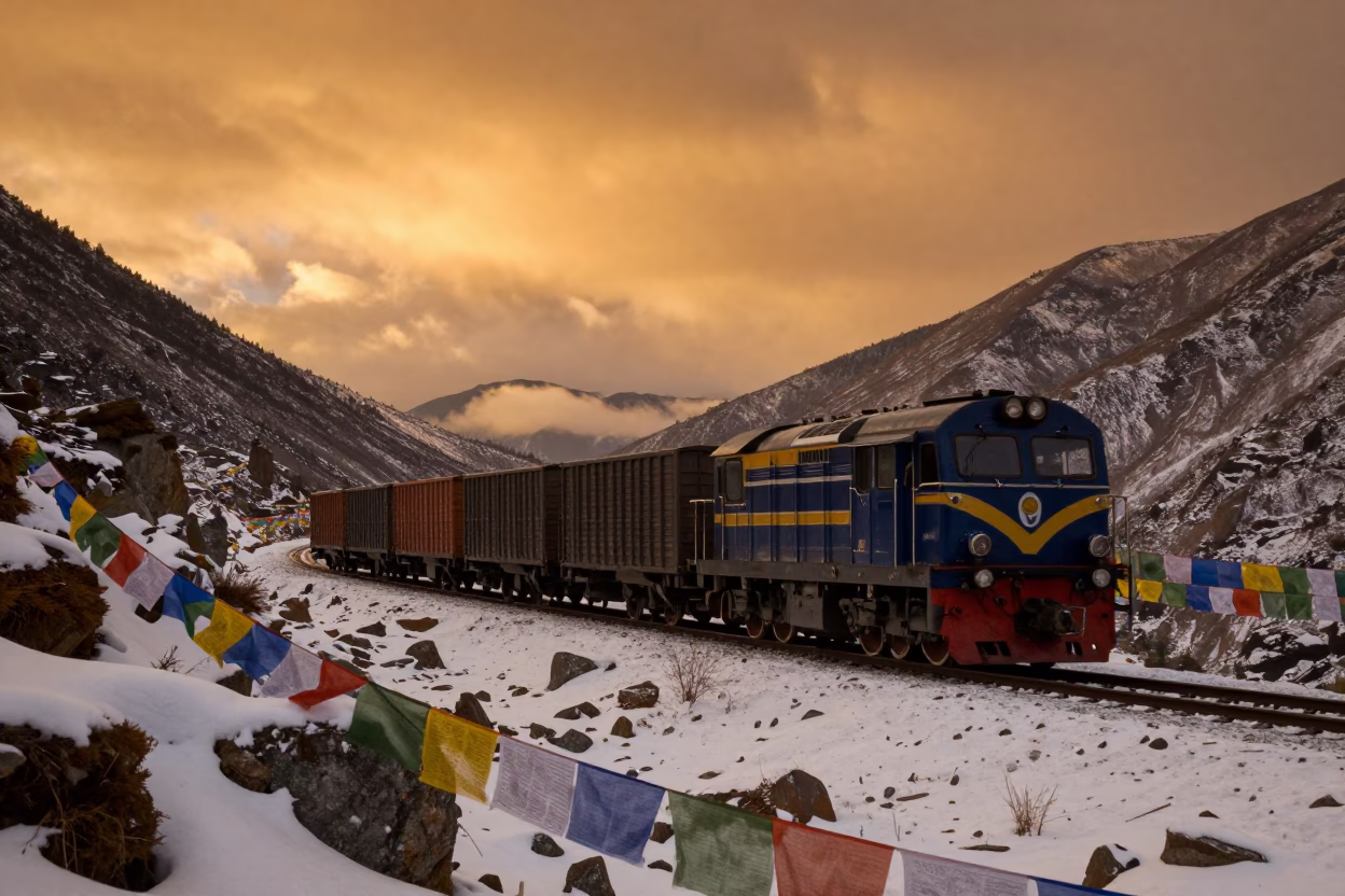 Freight Locomotive Through Snowy Mountain Pass in along a high mountain pass beneath prayer flags near Thimphu