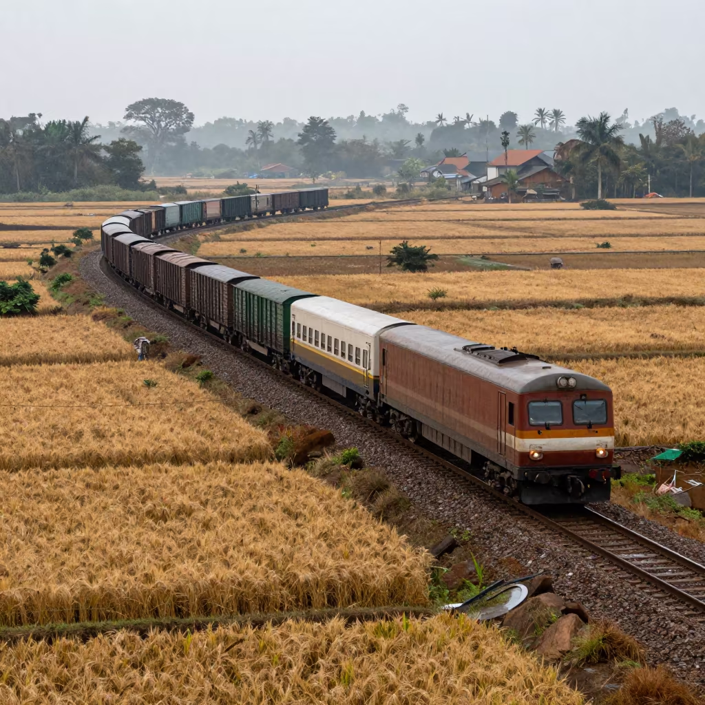 Freight Train Curving Through Autumn Wheat in among terraced rice paddies near Benin City