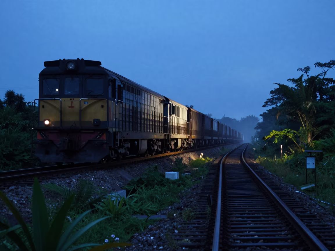 Freight Train on Chiclayo Trestle in Evening Shadow in along a switchback approach near Chiclayo