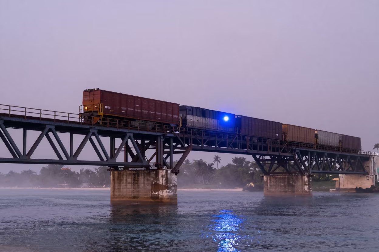 Freight Train Crosses Misty Trestle at Blue Hour in on a wind-open causeway near Playa del Carmen