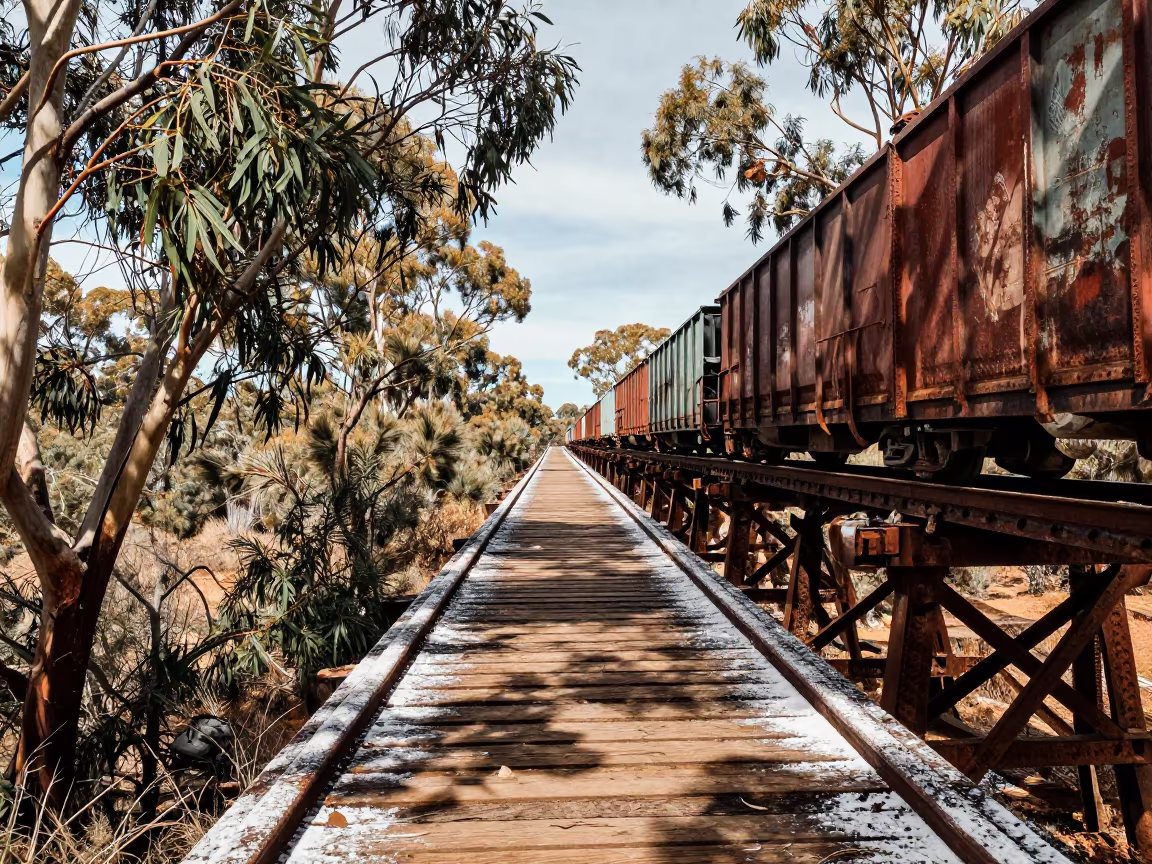 Freight Train Crossing Australian Trestle at Noon in in Australia