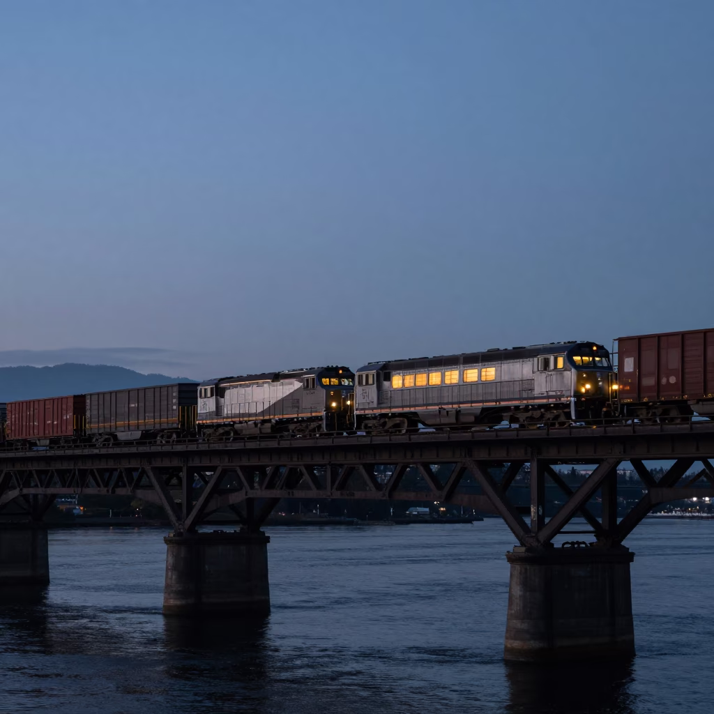 Freight Train Crossing Dark Bridge in Pre-Dawn Vancouver British Columbia in in Vancouver, British Columbia, Canada