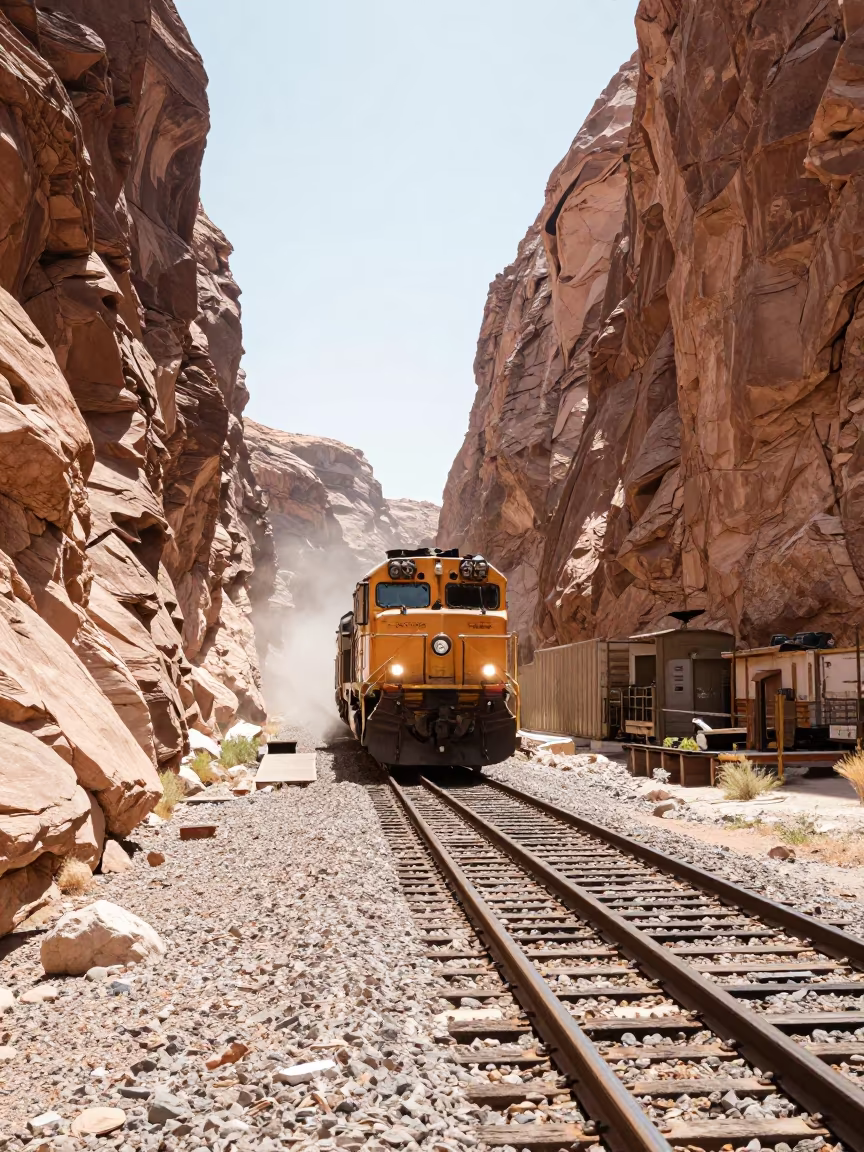 Freight Train Crossing New Mexico Ferry in Heat in across a remote ferry crossing in New Mexico