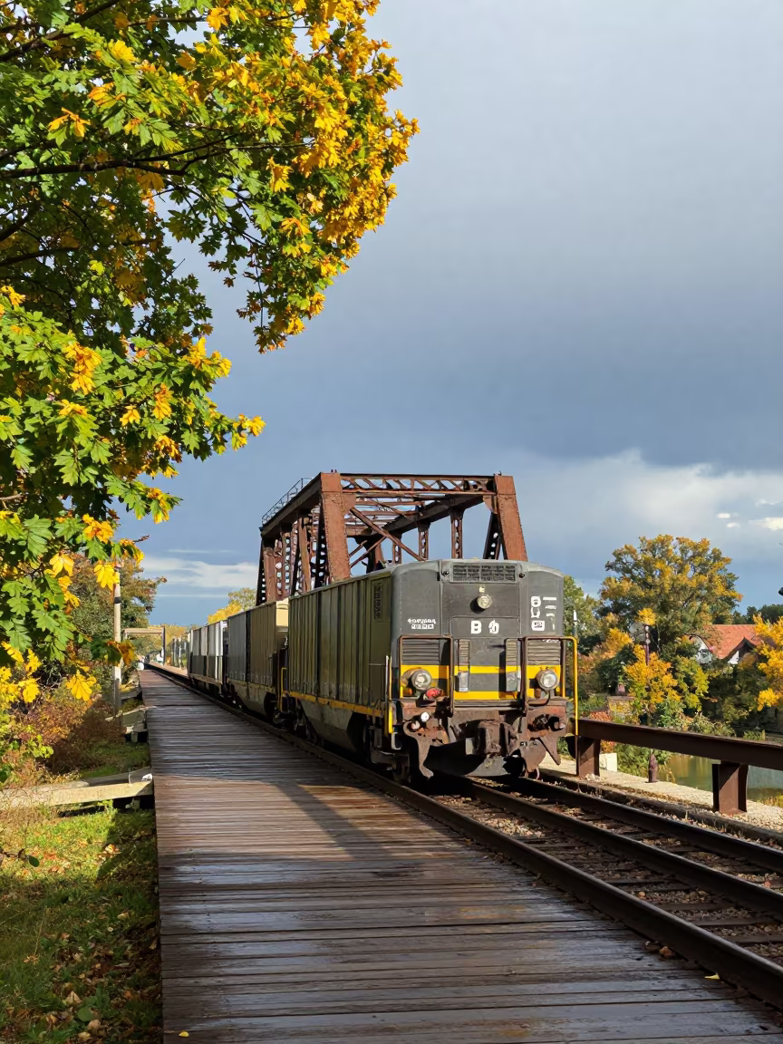 Freight Train Crossing Windy Causeway Trestle in on a wind-open causeway near Kansas City