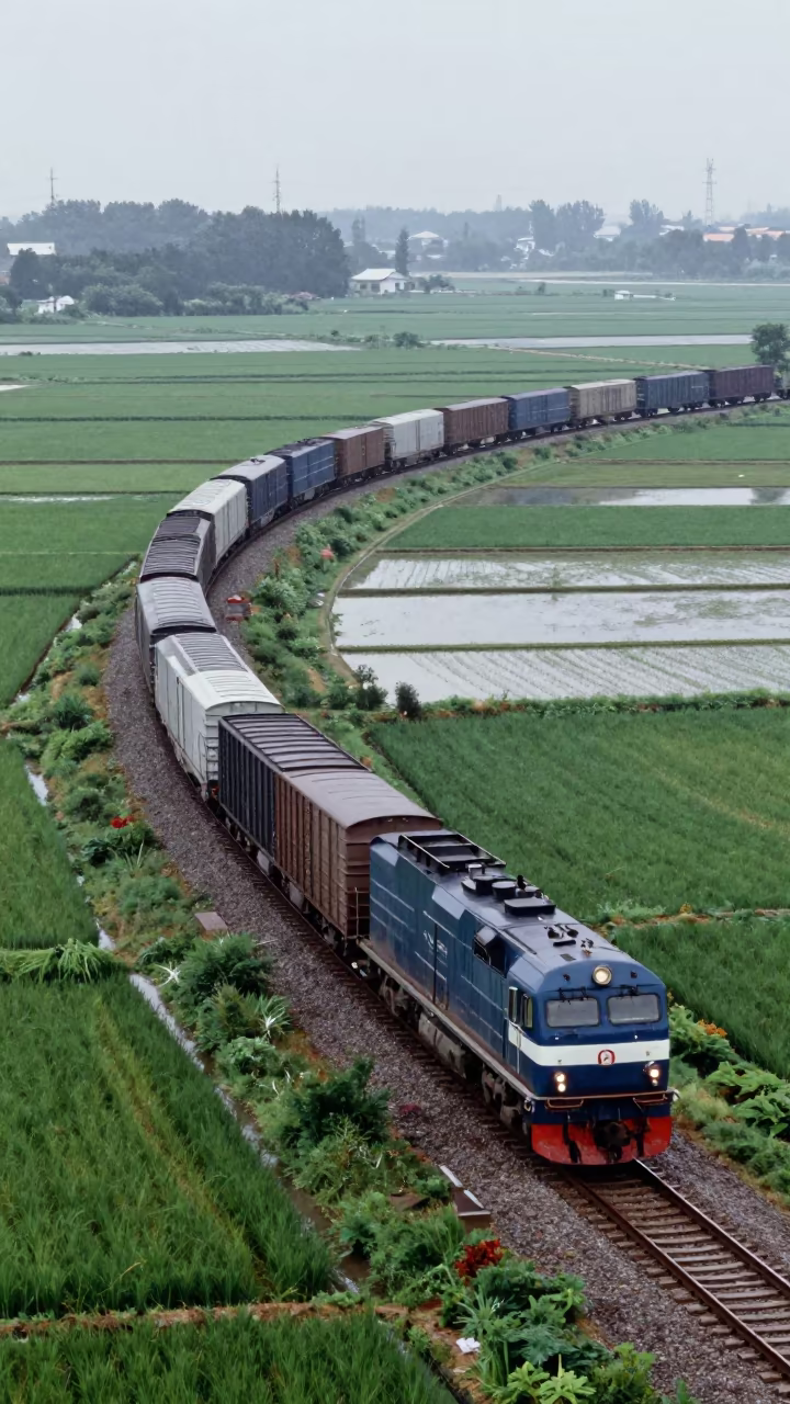 Freight Train Curving Through Iowa Fields in among terraced rice paddies in Iowa