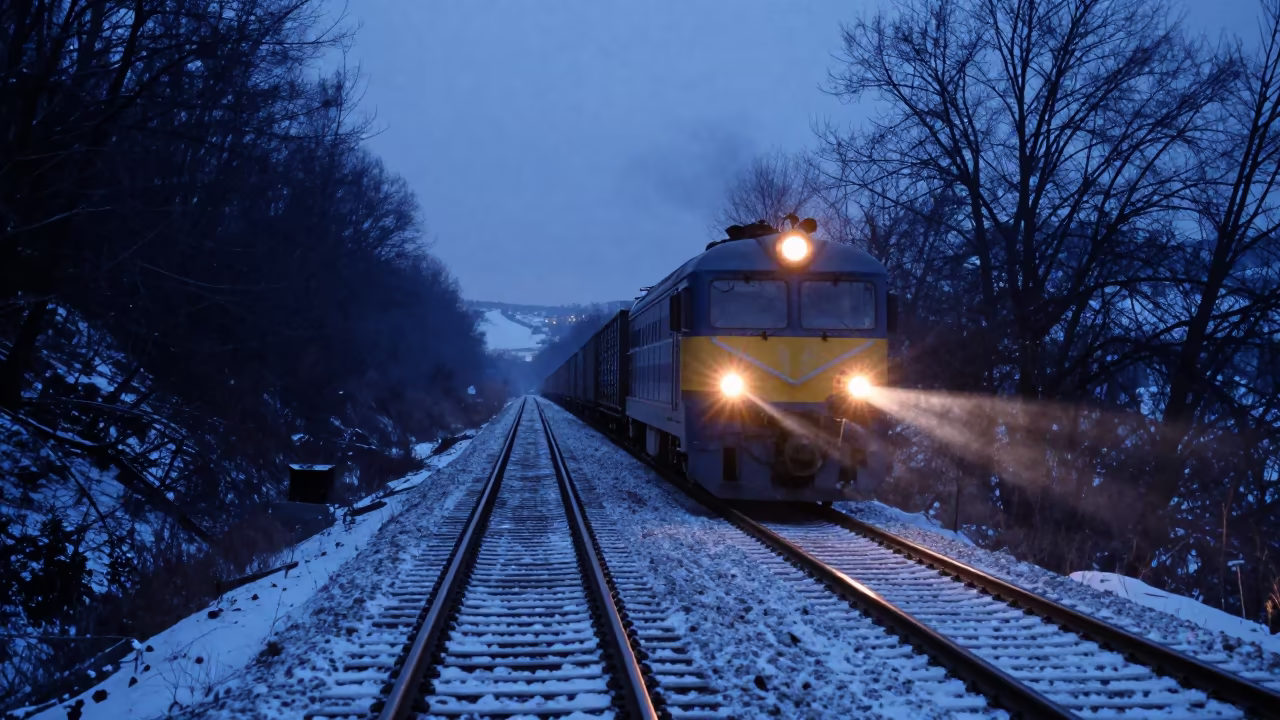 Freight Train Headlight in Winter Twilight Valley in near Sololaki, Tbilisi