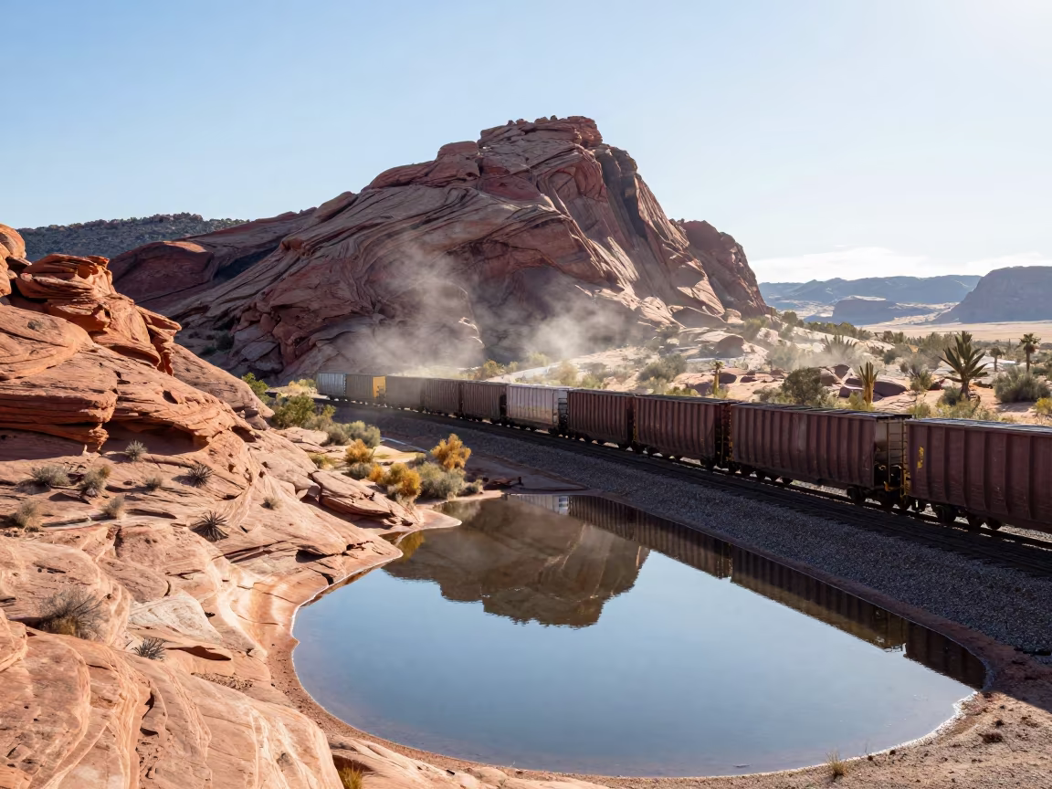 Freight Train Mirrored on Desert Butte Switchback in along a switchback approach near Tucson