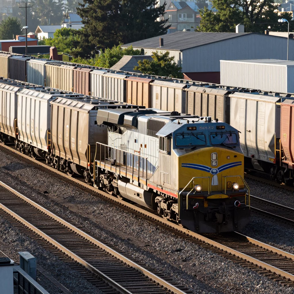 Freight Train Passing Through Portland Rail Yard in Late Morning Light in in Portland, Oregon, United States