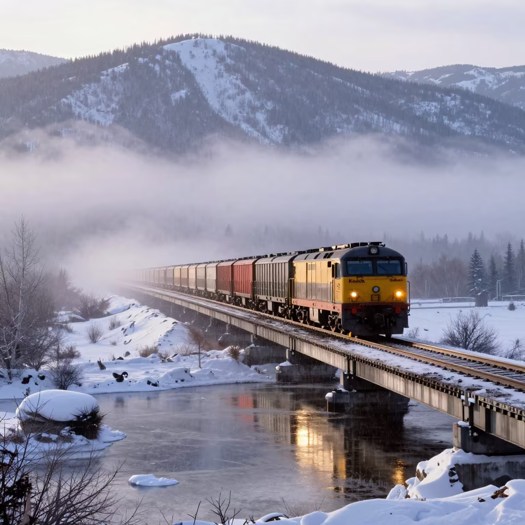 Freight Train on Snow Bridge Alberta Rain in along a switchback approach in Alberta