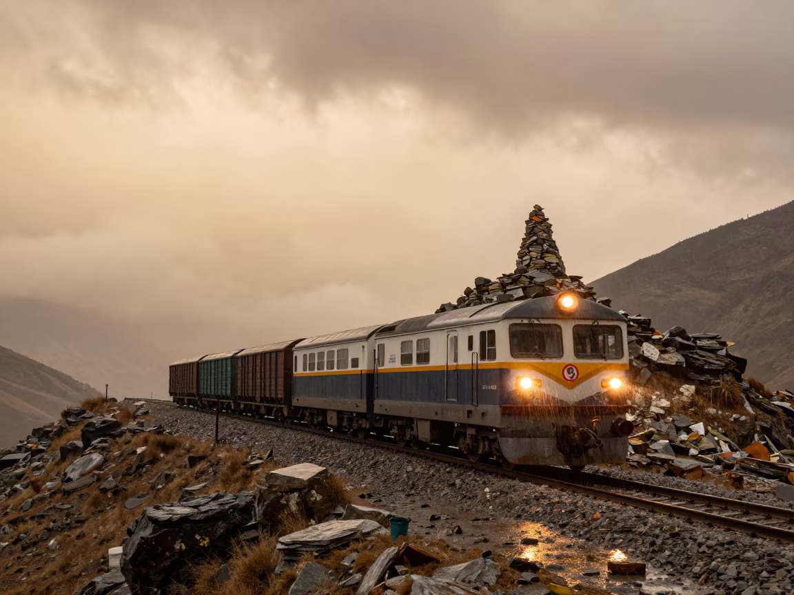 Freight Train Thimphu Mountain Pass Rain in beside a summit cairn above the tree line near Thimphu