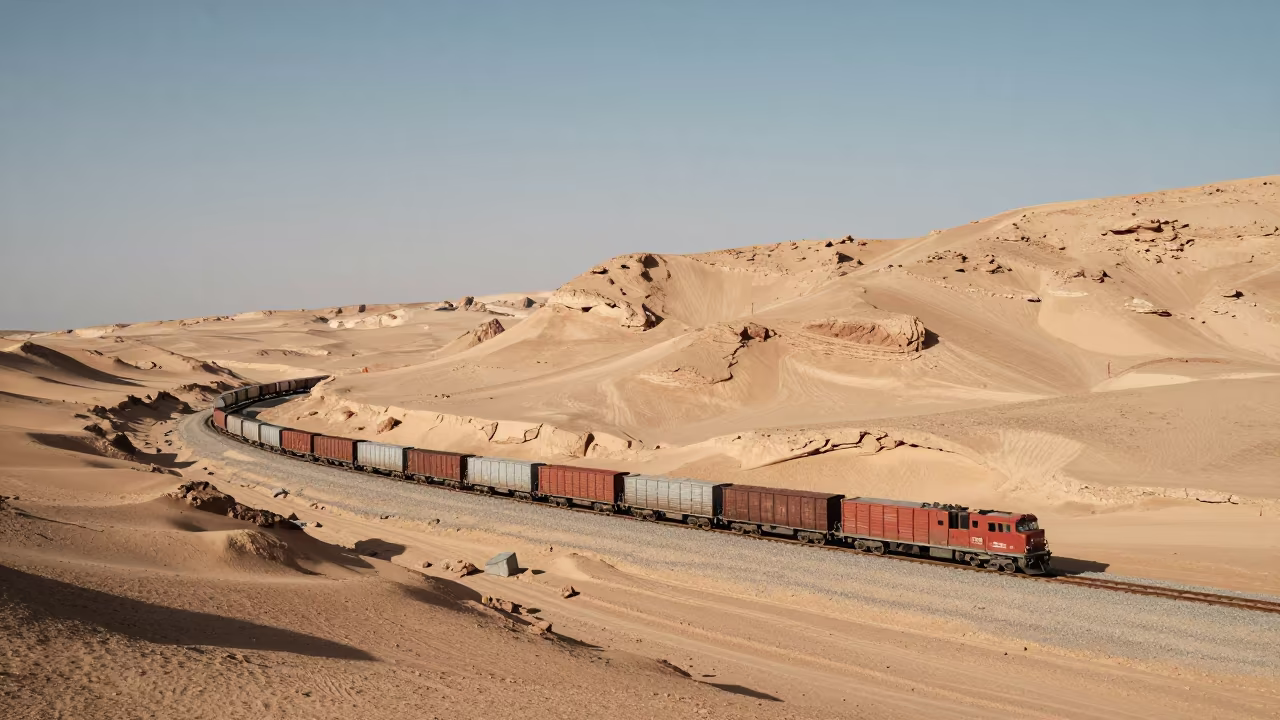 Freight Train Winding Desert Butte Sinai in on a wind-open causeway in Sinai
