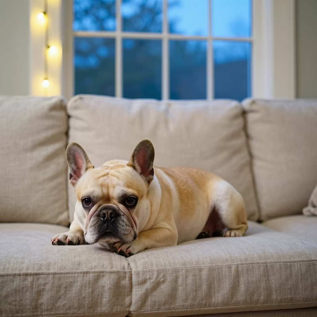 French Bulldog on Linen Sofa Evening Light in on a linen sofa with daylight from a nearby window in Jaranwala