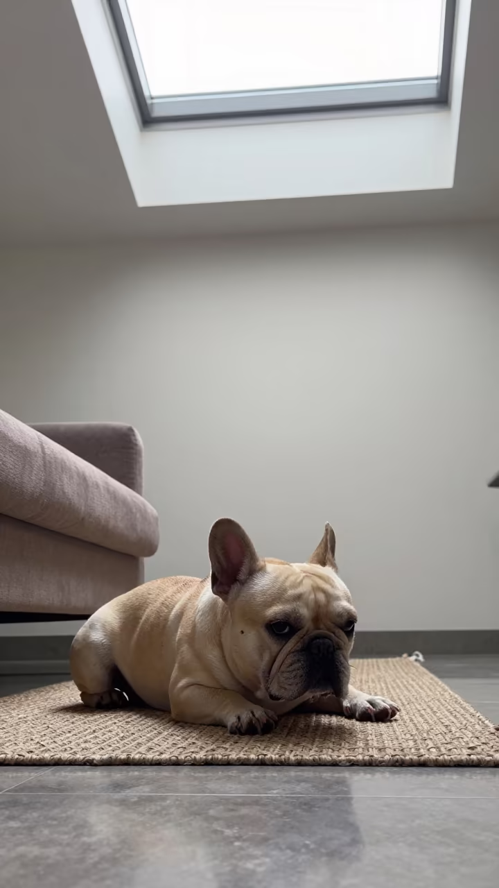 French Bulldog on Rug in Chongqing Home in on a woven rug beside a low couch and an uncluttered wall in Chongqing