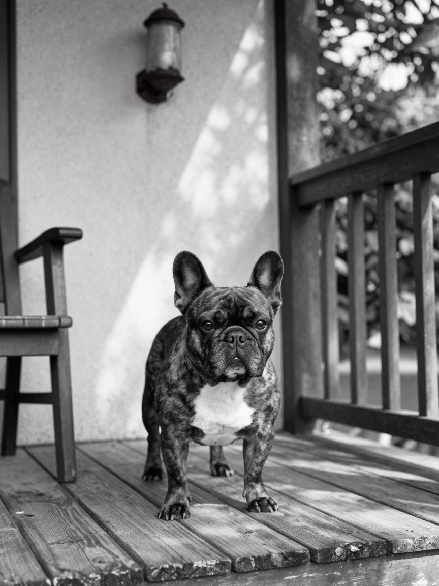 French Bulldog on Shaded Shenzhen Porch in on a shaded front porch with boards, railings, and eye-level framing in Shenzhen