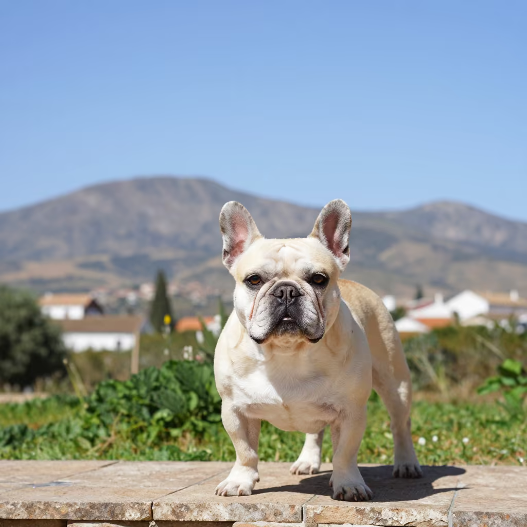 French Bulldog Portrait at Moçâmedes Garden Edge in near a garden edge with soft morning light and an uncluttered background in Moçâmedes