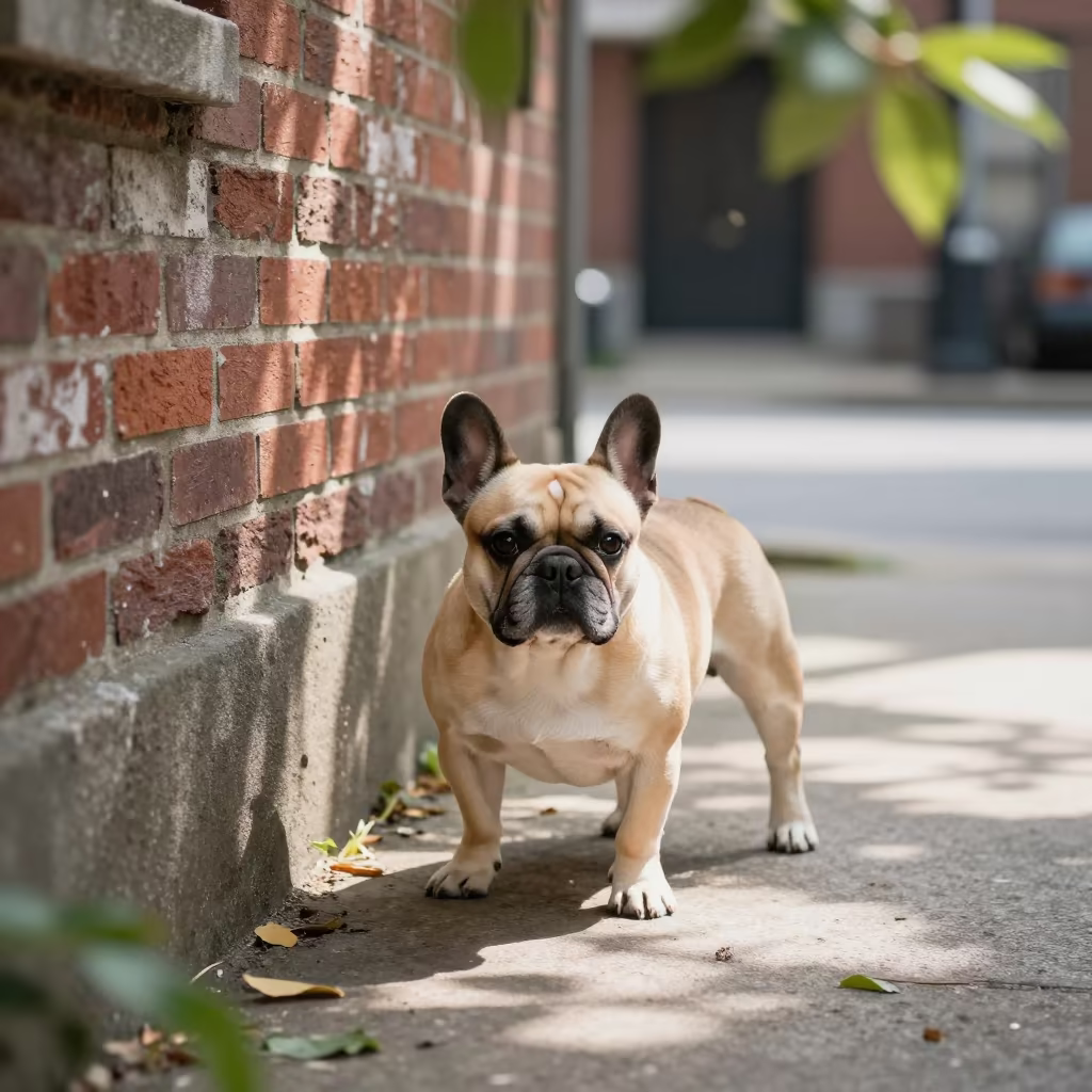 French Bulldog Portrait in Rochester Courtyard in beside a plain courtyard wall in clear daylight with the animal at eye level in Rochester
