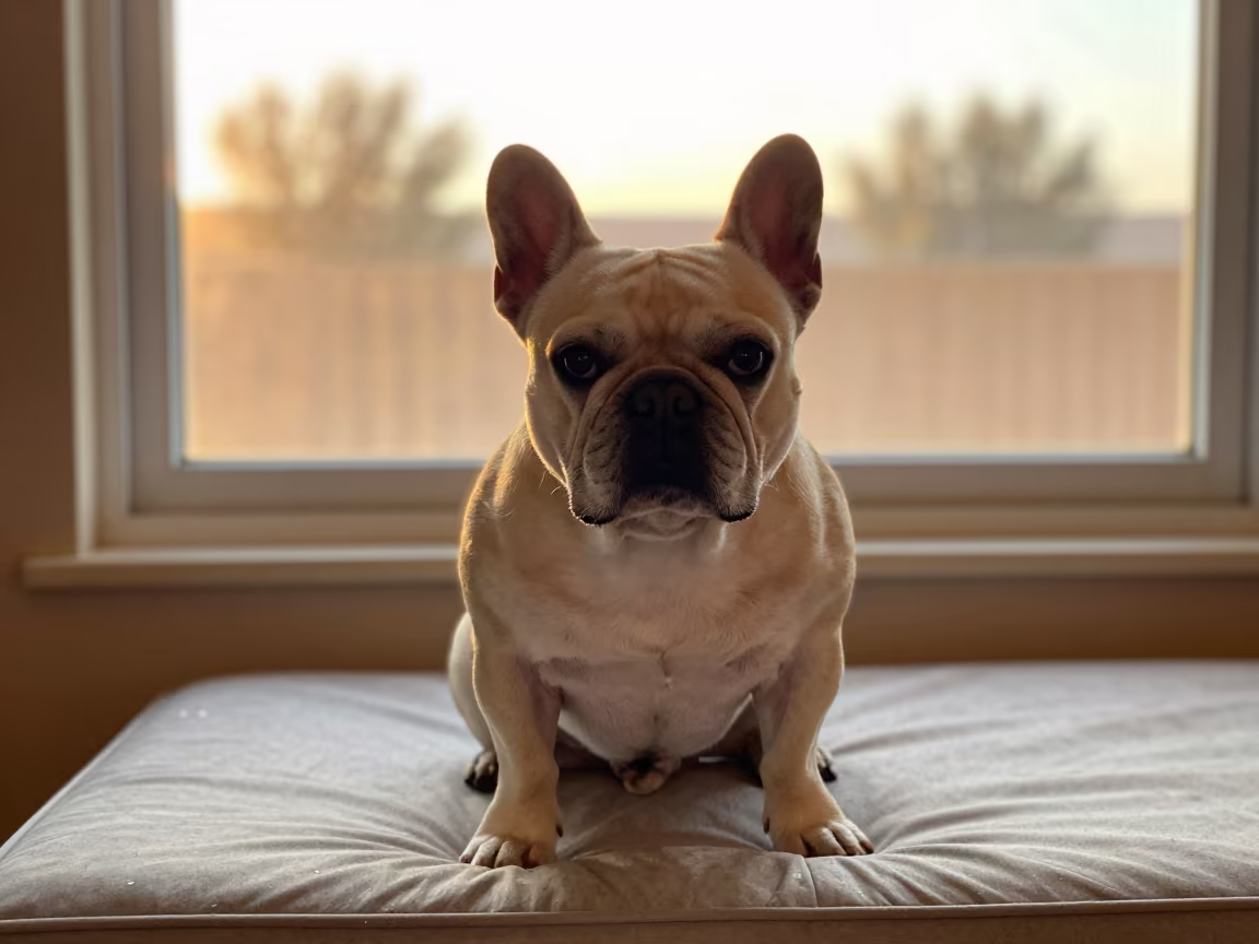 French Bulldog Portrait in Windhoek Window Light in on a cushioned window seat with soft side light and an uncluttered background in Windhoek