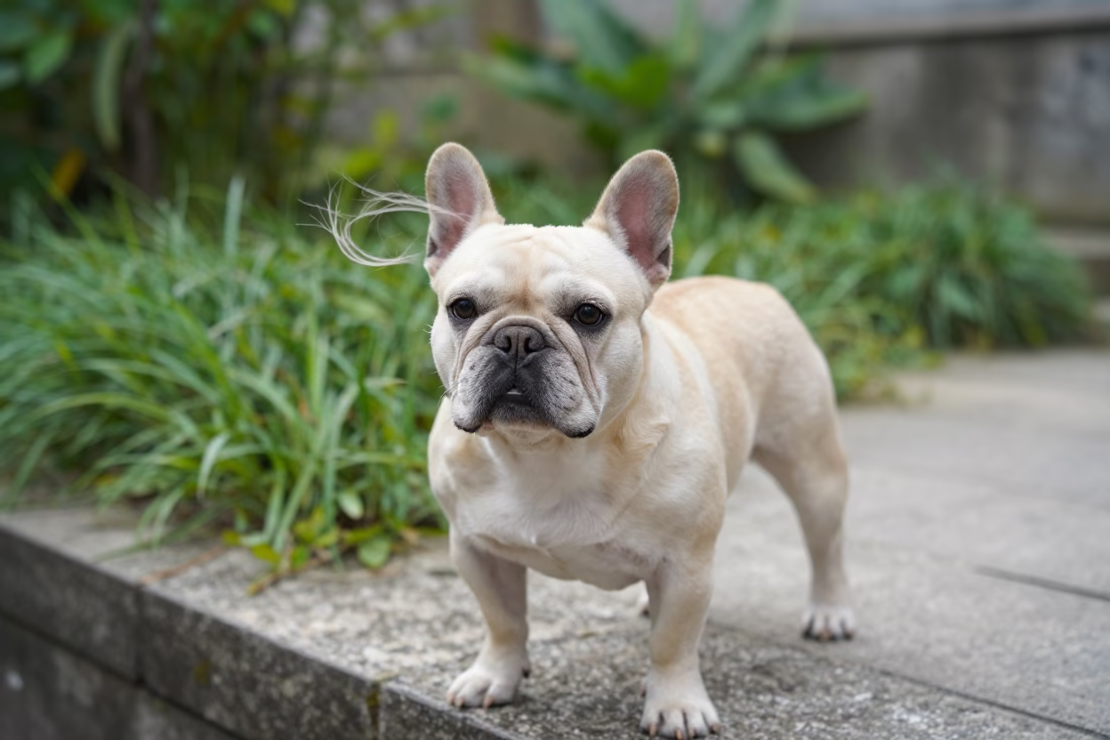 French Bulldog Portrait Near Garden Edge in near a garden edge with soft morning light and an uncluttered background near Fuzhou