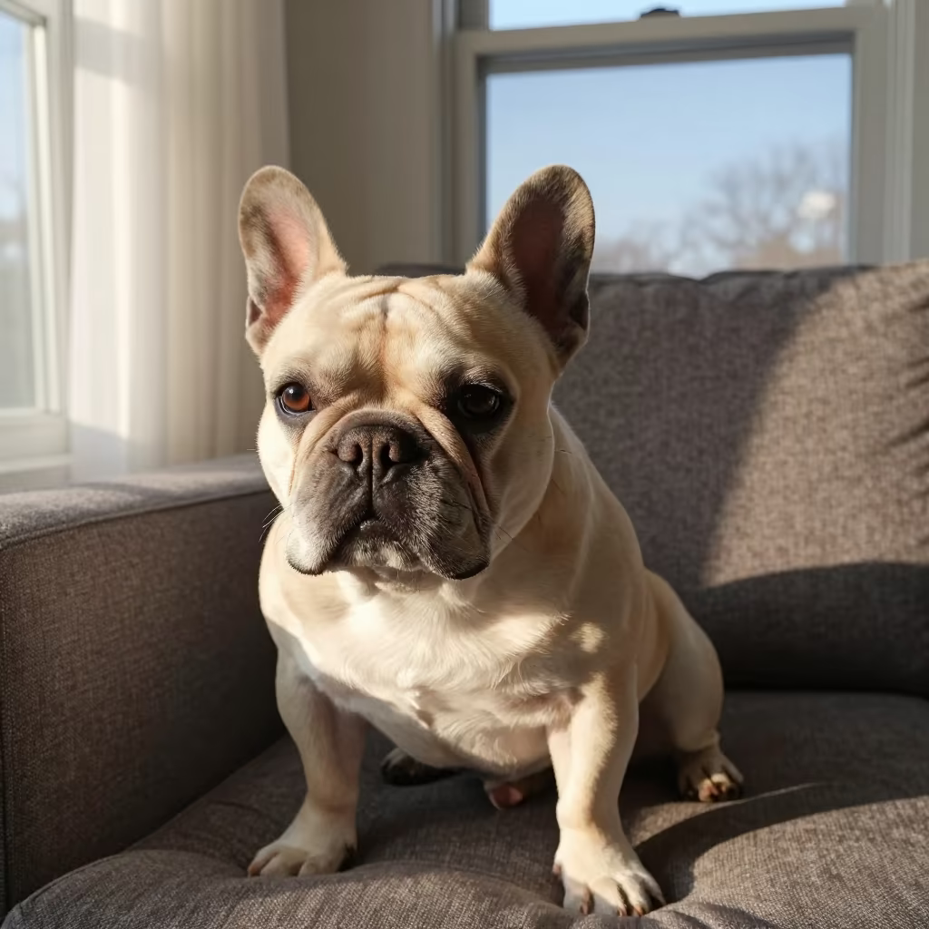 French Bulldog Portrait on Sofa in DC in on a sofa near a curtained window with calm indoor light in Washington DC