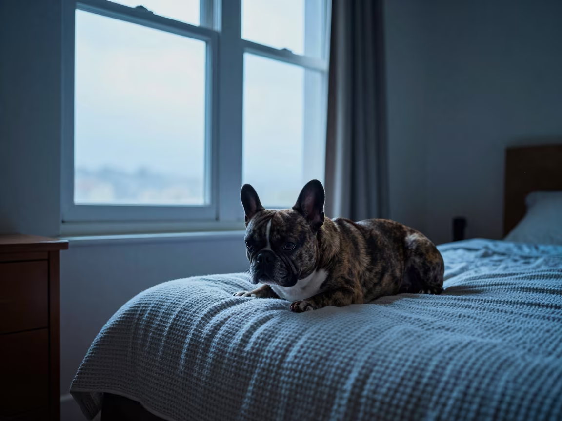 French Bulldog Resting on Bedspread Near Window in on a bedspread near a bright window with calm indoor light in Libreville