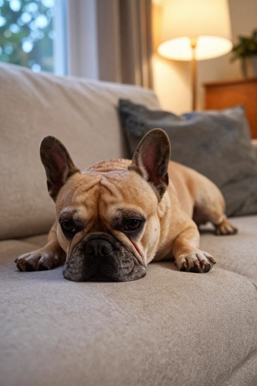 French Bulldog Resting on Linen Sofa in Bremen in on a linen sofa with daylight from a nearby window in Bremen