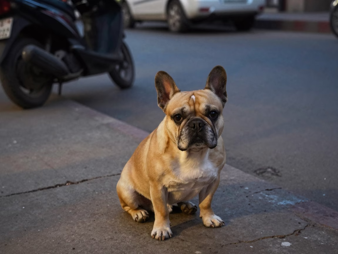 French Bulldog Sitting on Delhi Street Corner During Early Evening with Local Shopkeeper in in Delhi, India