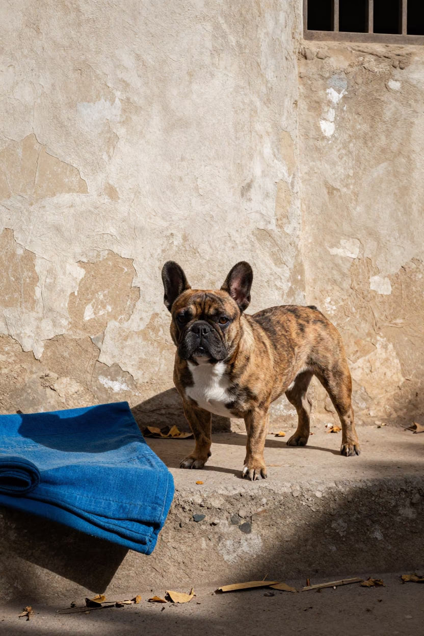 French Bulldog Standing Beside Courtyard Wall in Helwan in beside a plain courtyard wall in clear daylight with the animal at eye level in Helwan