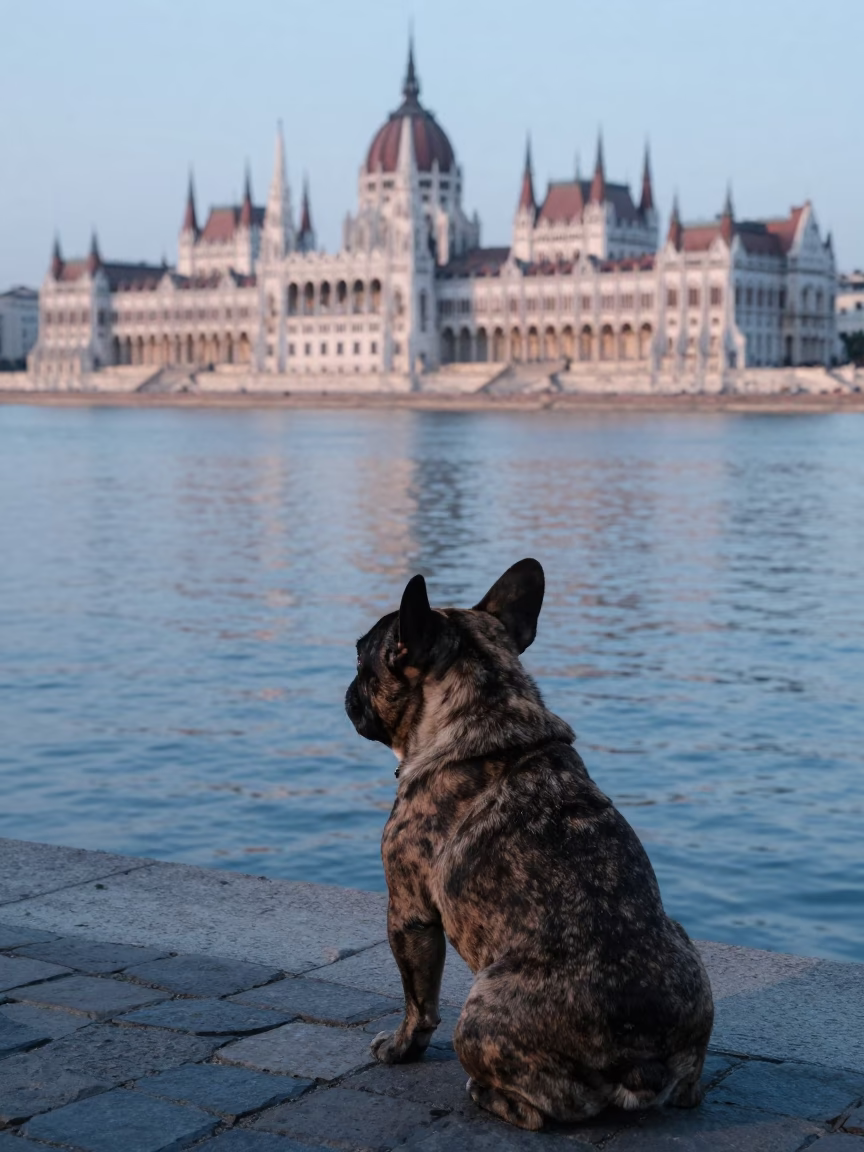 French Bulldog Waiting by Budapest Danube Canal at Early Evening with Cargo Barge in in Budapest, Hungary