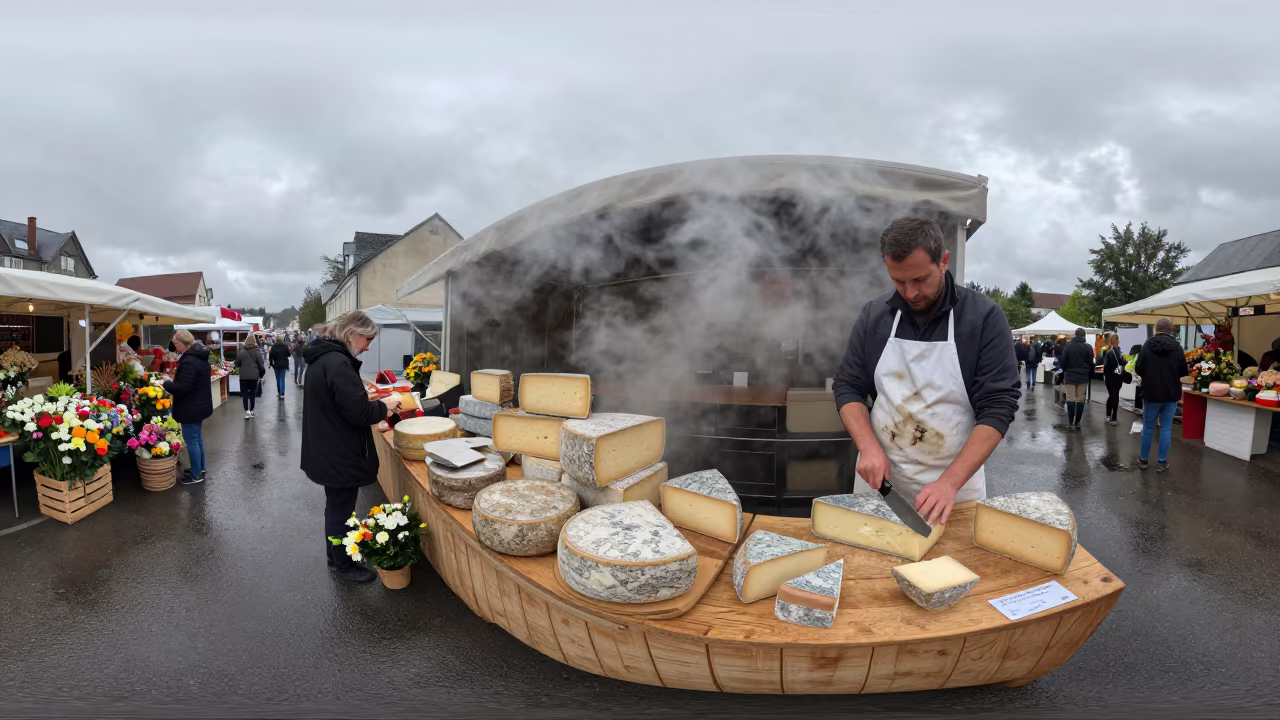 French Cheese Vendor at Issia Market Stall in at a flower auction bench in Issia