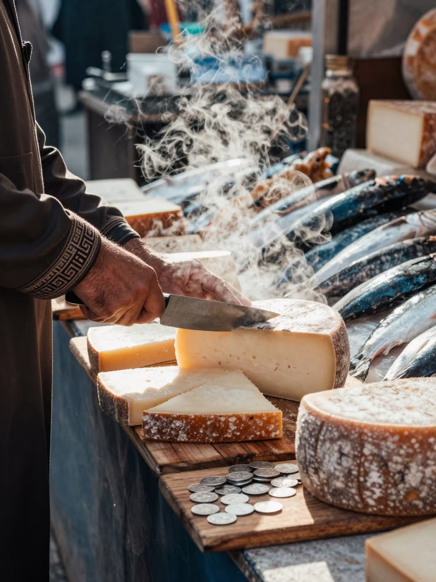 French cheese vendor slicing samples at Sana'a market in beside a fish counter in Sana'a