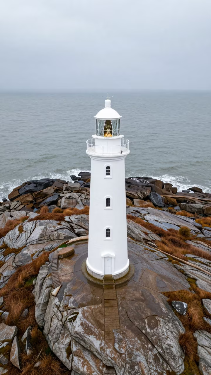 French Lighthouse on Rocky Headland Late Morning in in a lantern-lined temple precinct in France