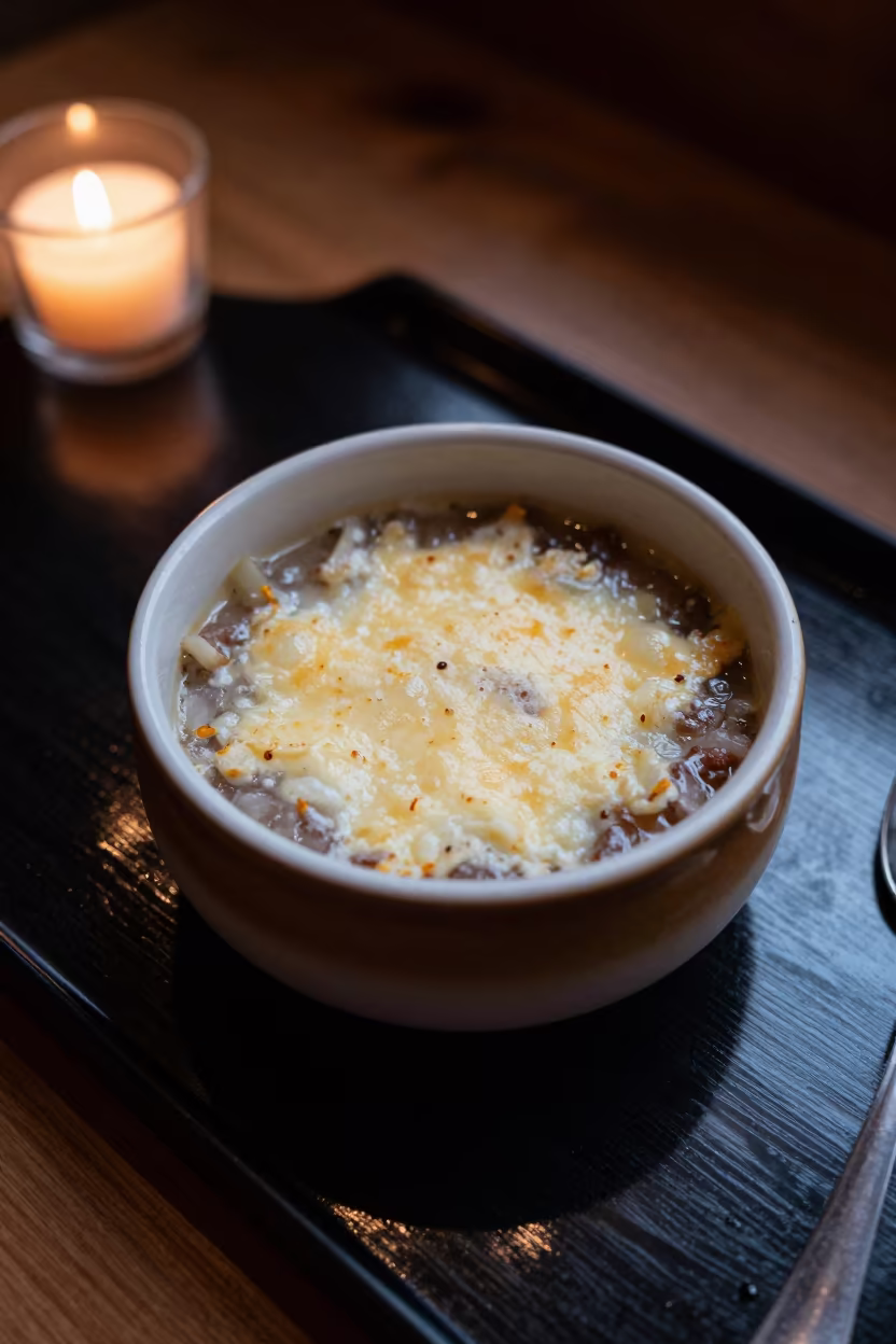 French Onion Soup with Gruyère on Tray in on a lacquered tray in Atbarah