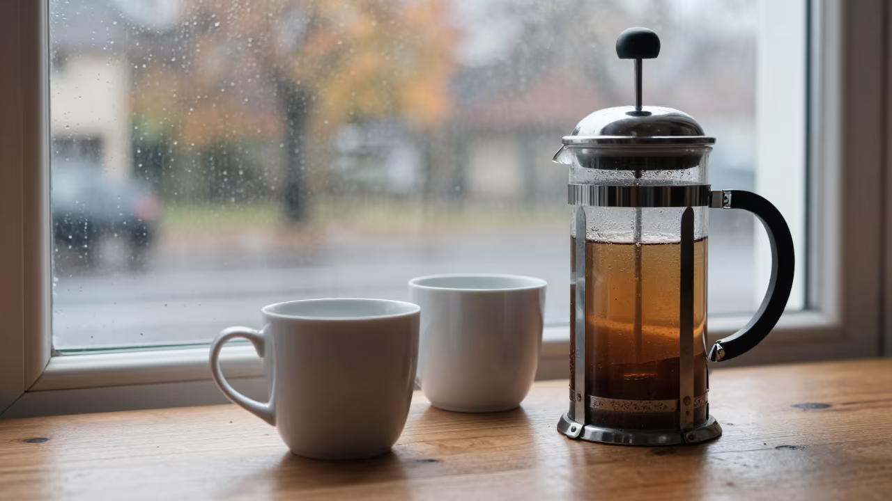 French Press Dawn Breakfast Table in beside a rain-streaked window near Victoria