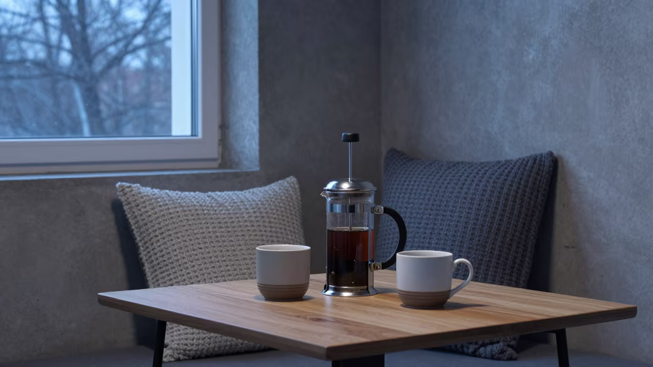 French Press and Mugs on Winter Twilight Table in on a reading nook cushion in Kemerovo