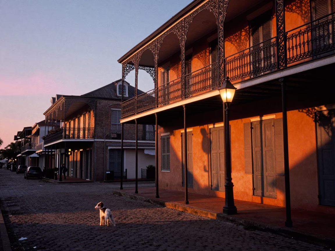 French Quarter Balconies And Street Lamps in New Orleans in in New Orleans, Louisiana, United States