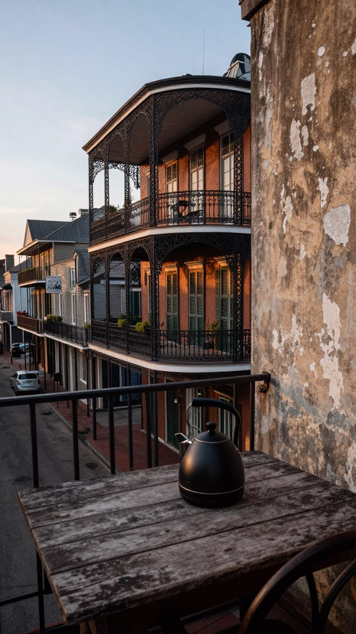 French Quarter Balcony Morning with Faded Wallpaper and Kitchen Utensils in in New Orleans, Louisiana, United States