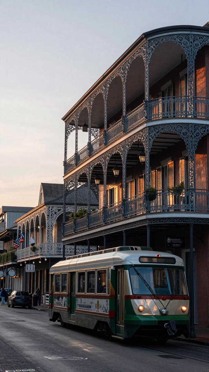 French Quarter Iron Balconies And Canal Street Monorail in New Orleans in in New Orleans, Louisiana, United States