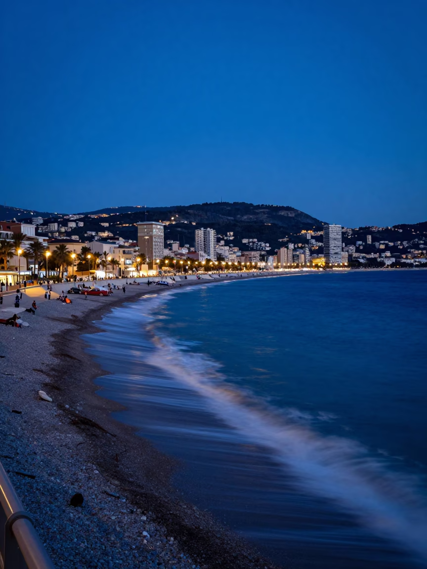 French Riviera Coastline in Nice at Blue Hour in in Nice, France