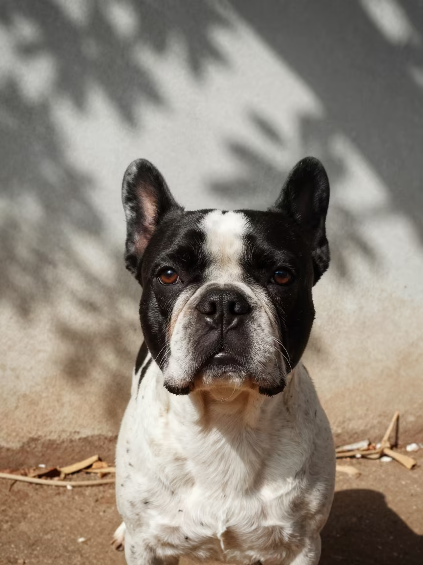 French Spaniel in Dappled Dry Season Light in beside a plain courtyard wall in clear daylight with the animal at eye level in Abidjan