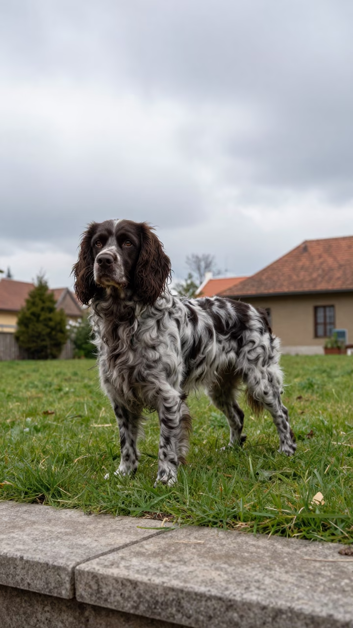 French Spaniel in Zagreb Spring Yard in in a small yard with clipped grass, calm light, and the animal centered in frame in Zagreb