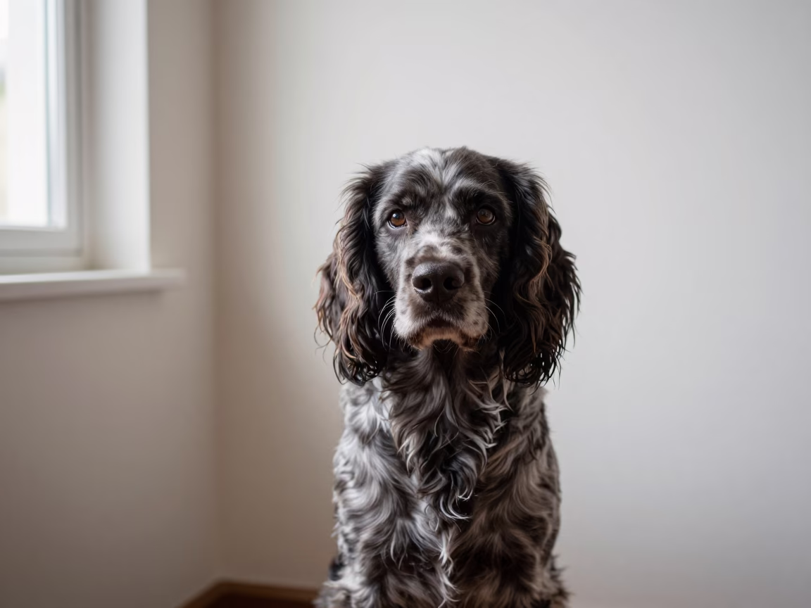 French Spaniel Portrait Beside Plaster Wall in beside a plain plaster wall in soft indoor light with the animal centered in frame in Ludhiana