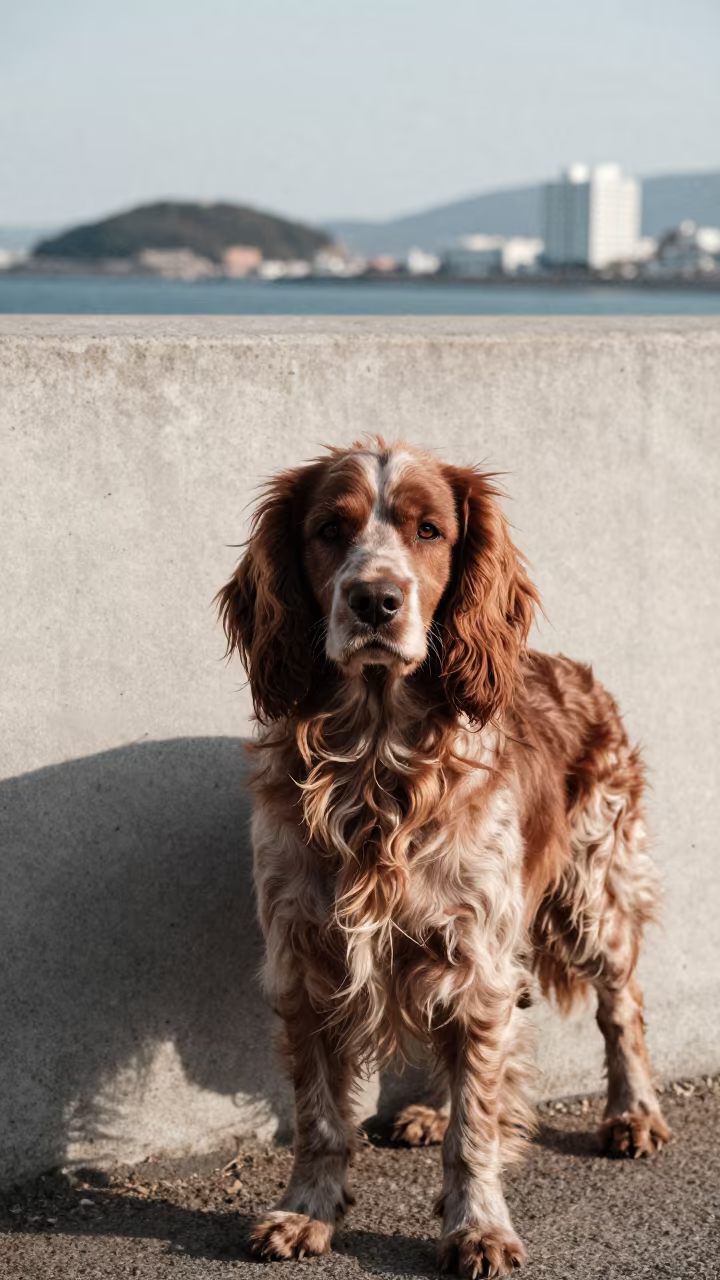 French Spaniel Portrait in Incheon Courtyard in beside a plain courtyard wall in clear daylight with the animal at eye level in Incheon