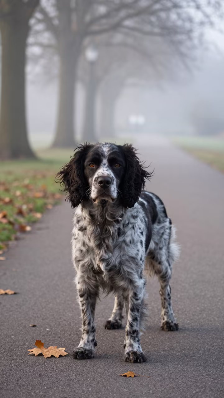 French Spaniel Portrait in Misty Autumn Dawn Light in along a quiet park path with soft open shade and a clean background in Freiburg