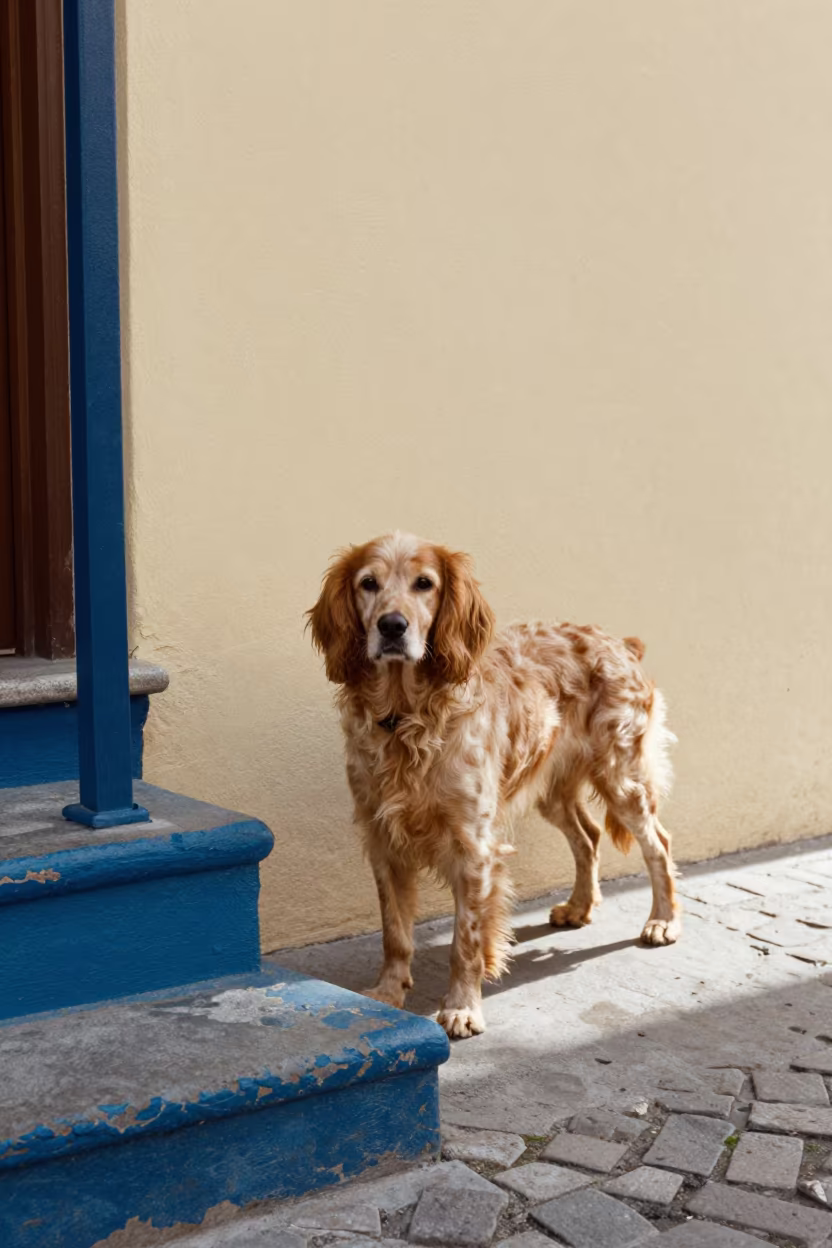 French Spaniel Portrait in Santiago Courtyard in beside a plain courtyard wall in clear daylight with the animal at eye level in Santiago