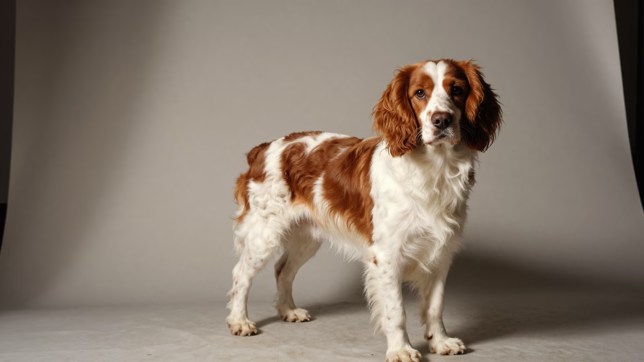 French Spaniel Portrait in Stuttgart Studio in in a quiet portrait studio with a plain backdrop and eye-level framing in Stuttgart