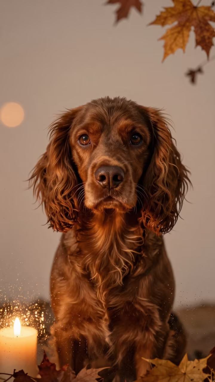 French Spaniel Portrait in Warm Candlelight Studio in in a quiet portrait studio with a plain backdrop and eye-level framing in Antalya