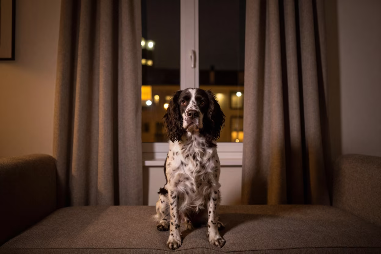 French Spaniel Portrait Near Curtained Window in on a sofa near a curtained window with calm indoor light near Brisbane