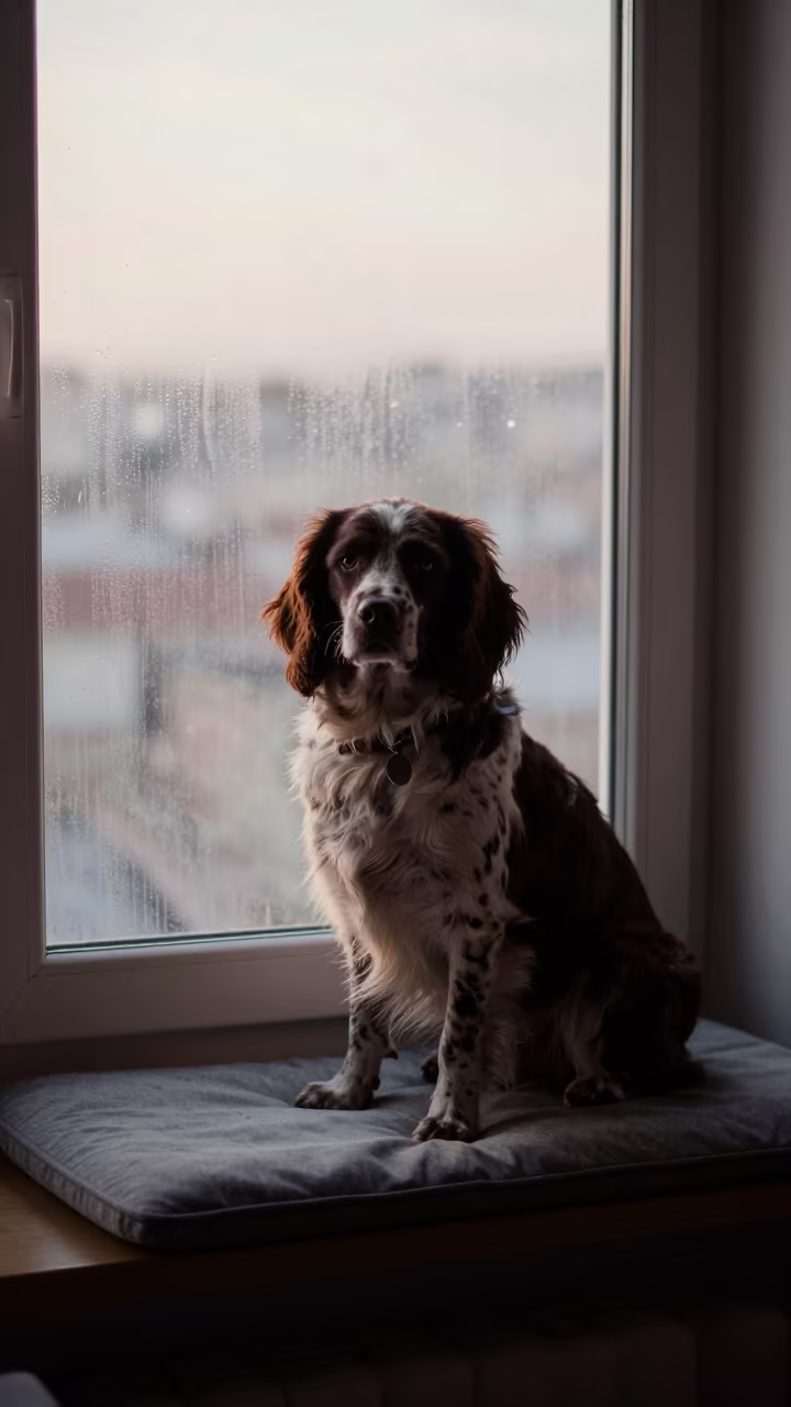 French Spaniel Portrait on Window Seat Near Nis in on a cushioned window seat with soft side light and an uncluttered background near Nis